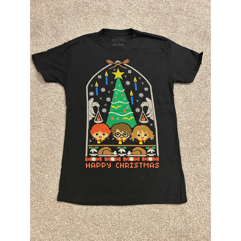 BoxLunch Harry Potter T-Shirt Unisex XS Black Excellent Happy Christmas Pixel